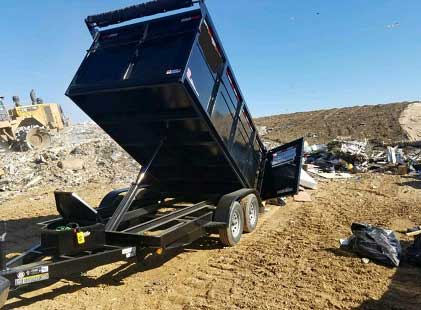 A dump truck is parked on the side of a road.